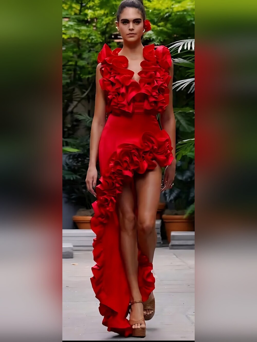 Women’s Red Ruffle One-Piece Swimsuit & Asymmetrical Maxi Skirt Set –Size L